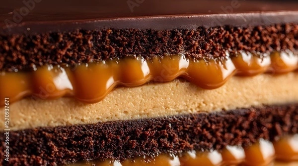 Obraz Exquisite Multi-layered Dessert Featuring Chocolate and Caramel Creams with Luscious Buttercream Base and Intricate Glaze Details