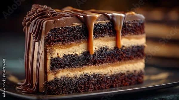 Obraz Exquisite Multi-layered Dessert Featuring Chocolate and Caramel Creams with Luscious Buttercream Base and Intricate Glaze Details