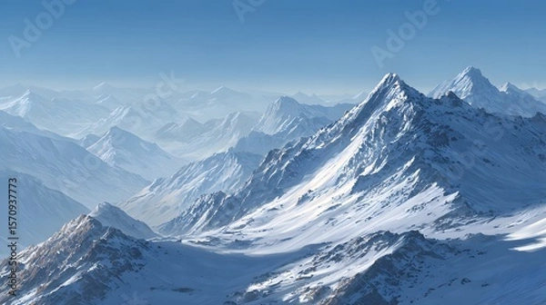 Obraz Expansive Mountain Panorama: A Tranquil Vista of Snow-Covered Peaks Under a Clear Blue Sky