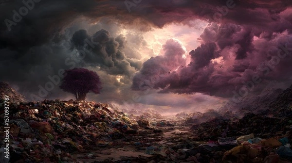Obraz Surreal Landscape of Climate Crisis: Overflowing Garbage and Relentless Warming in a Desolate Environment Calling for Urgent Earthly Salvation