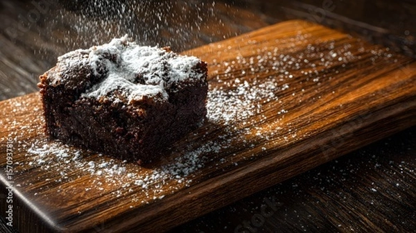 Obraz Gourmet Chocolate Brownie on Vintage Wooden Board with Delicate Powdered Sugar: A Harmonious Blend of Texture and Flavor for Dessert Aficionados