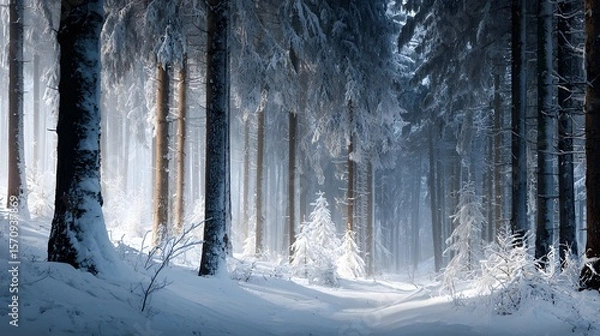 Obraz Captivating Winter Landscape of Snow-Covered Trees Immersed in Gentle Morning Light Creating a Tranquil Forest