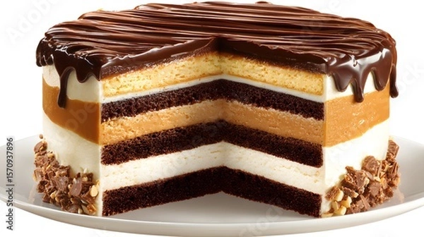 Obraz Gourmet Layered Cake Showcasing Smooth Caramel and Chocolate Creams with Glossy Buttercream and Artistic Presentation