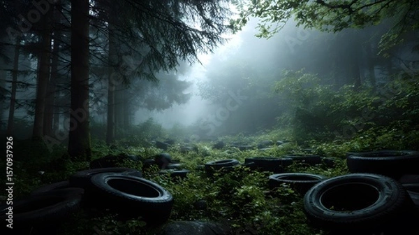 Obraz Dramatic Forest Scene with Abandoned Tires Highlighting the Human Impact on Nature Through Misty and Atmospheric Photography