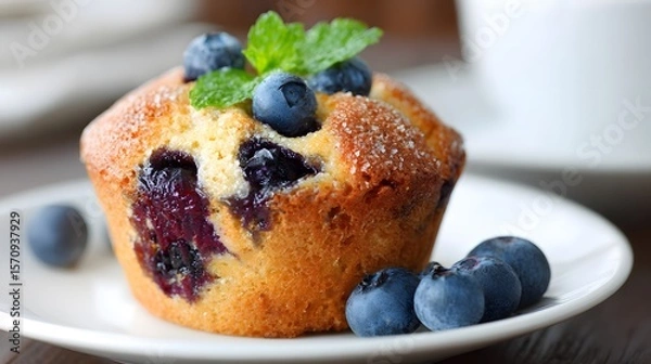 Obraz Exquisitely Detailed Freshly Baked Blueberry Muffin on a Pristine White Plate Showcasing Golden Crust, Vibrant Juicy Berries, and Rustic Artisanal Charm
