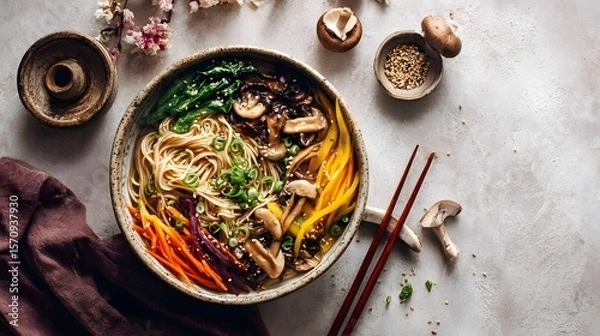 Obraz Top-Down Capture of an Artisan Noodle Bowl with Crisp Vegetables and Earthy Mushrooms in a Minimalistic Setting