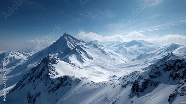 Obraz Expansive Mountain Panorama: A Tranquil Vista of Snow-Covered Peaks Under a Clear Blue Sky