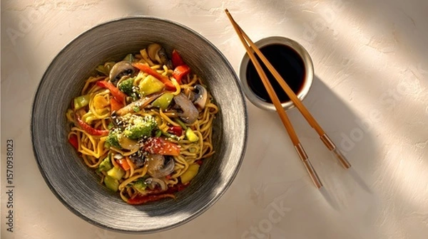 Obraz Aerial Perspective of a Stirfried Noodle Masterpiece with Colorful Vegetables and Delicate Mushrooms in a Modern, Inviting Setting