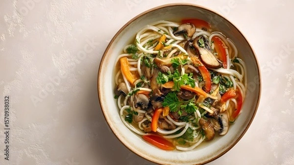Obraz Top-Down Capture of an Artisan Noodle Bowl with Crisp Vegetables and Earthy Mushrooms in a Minimalistic Setting