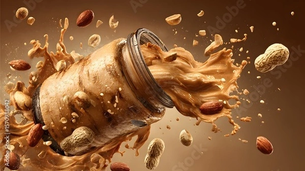 Obraz Vivid artistic rendering of a premium peanut butter jar featuring delicately incorporated whole nuts, offering a rich blend of flavors and healthful energy