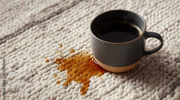 Obraz Elegant Modern Coffee Mug Scene on Nordic Rug with Artistic Coffee Spill Detail for Background Advertising
