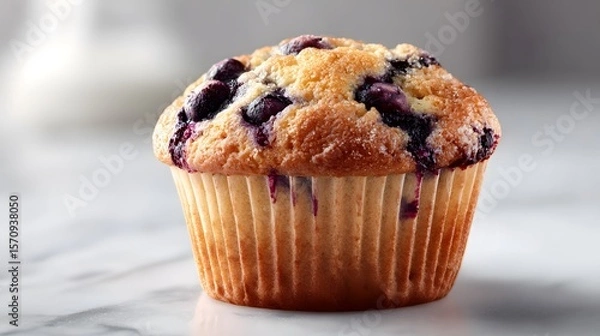 Obraz High-Resolution Artistic Visualization of a Freshly Baked Blueberry Muffin on a Radiant White Countertop with a Perfectly Browned Top, Luscious Blueberry Bursts, and Authentic Fluffy Texture