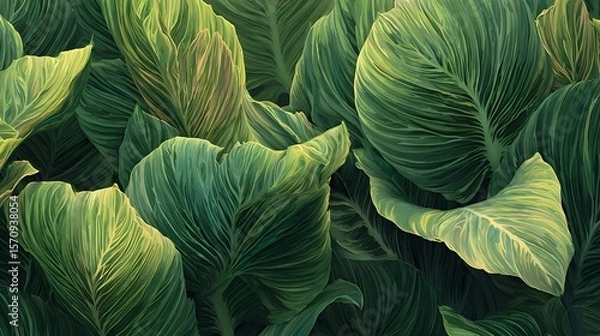 Obraz Hyperrealistic Digital Painting Desktop Wallpaper Showcasing Broad Tropical Leafy Patterns and Luminous Green Shades for an Invigorating Calming Experience