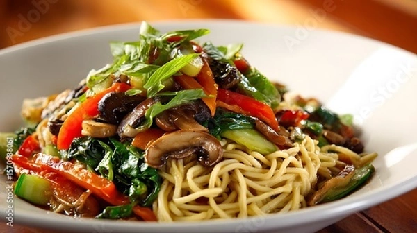 Obraz Overhead Detailed View of a Delectable Noodle Dish with Fresh Vegetables and Aromatic Mushrooms in a Cozy Restaurant Setting