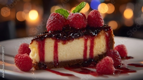 Obraz Decadent Cheesecake Dessert with Fresh Raspberries and Smooth Fruit Sauce Captured in a Modern Studio Setting with Blurry Background Details