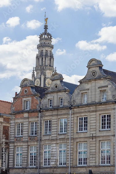 Fototapeta Stately mansions on the Grand Place or Main Square of Arras with facades in Flemish baroque style and the belfry in the background
