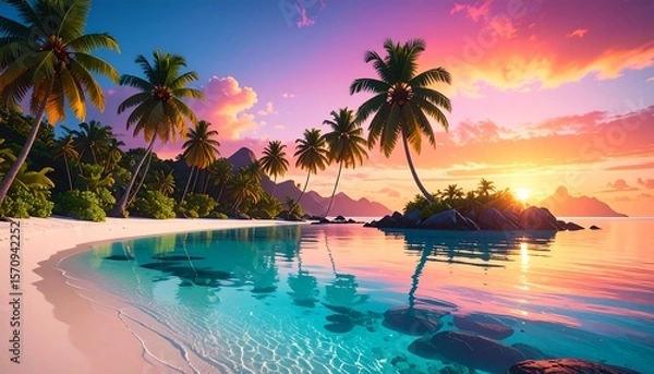 Fototapeta Tropical Beach at Sunset with Palm Trees and Turquoise Water
