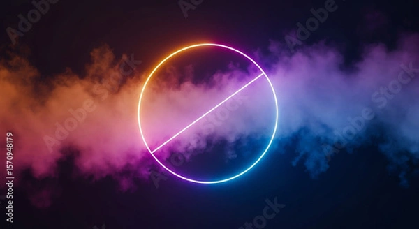 Fototapeta A neon circle with a line through it surrounded by colorful smoke on a dark background in a studio shot