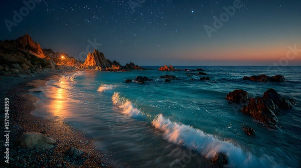 Fototapeta Calm night beach scene softly illuminated under a clear starry sky, waves gently lapping at the shore