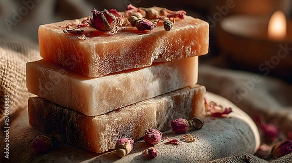 Fototapeta Stack of natural bar soaps placed atop smooth stone, garnished with scattered dried rose petals, softly illuminated