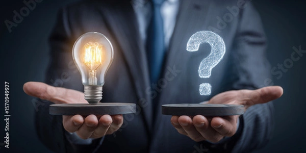 Fototapeta Businessman weighing ideas and questions in office