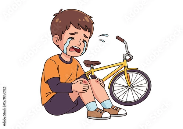 Obraz Crying Boy with Knee Injuries and Yellow Bicycle After Accident.