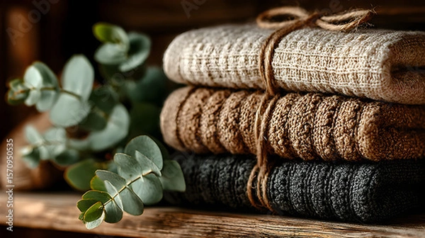 Fototapeta Neatly folded beige towels stacked aesthetically on a wooden shelf, accented by jute string and fresh eucalyptus