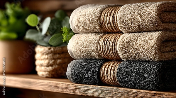 Fototapeta Neatly folded beige towels stacked aesthetically on a wooden shelf, accented by jute string and fresh eucalyptus