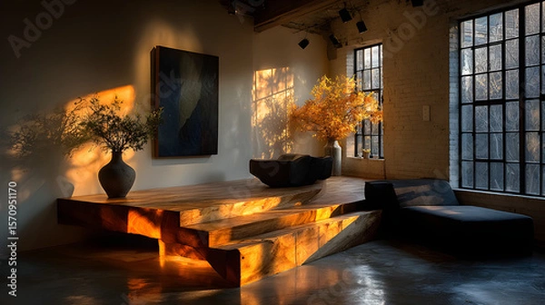 Fototapeta Minimalist studio interior featuring a clean wooden platform artistically illuminated by warm sunlight shadows