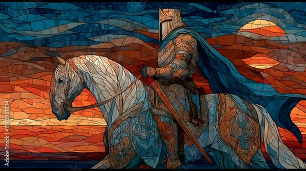Fototapeta Exquisitely crafted stained glass mosaic depicting a knight on horseback, softly illuminated by sunset hues