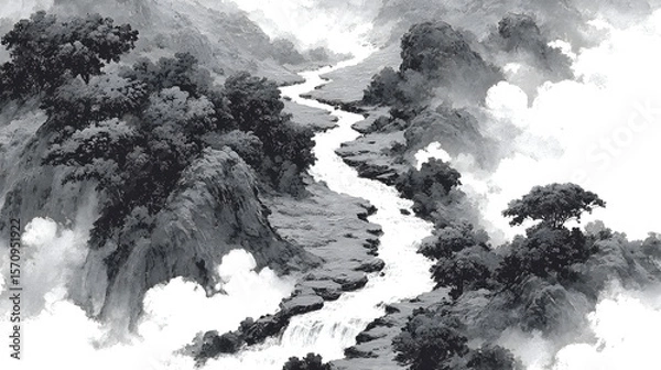 Fototapeta Expressive monochrome brush painting depicting a winding river gracefully flowing through dense forest foliage