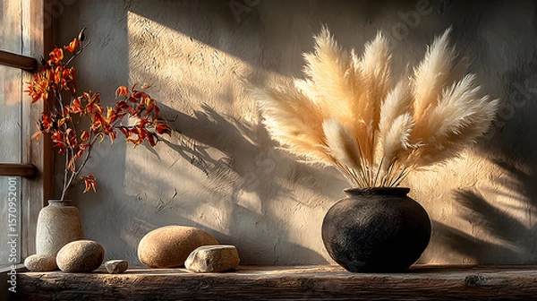 Fototapeta Elegant beige feathers styled in a rustic wooden vase, casting beautiful sunlight shadows on textured wall