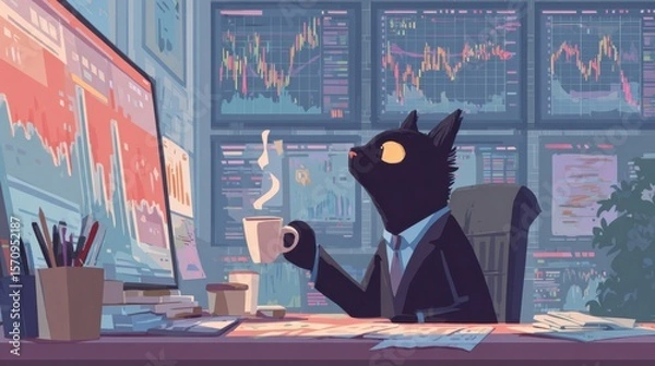 Fototapeta In a chic office setting, a large virtual screen displays live stock market movements with graphics. In front of the desk, a female cat in a suit is focused on the screen with a serious expression.