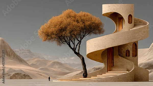 Fototapeta Artistic beige spiral staircase elegantly ascending rolling hills, accented by the silhouette of a single tree