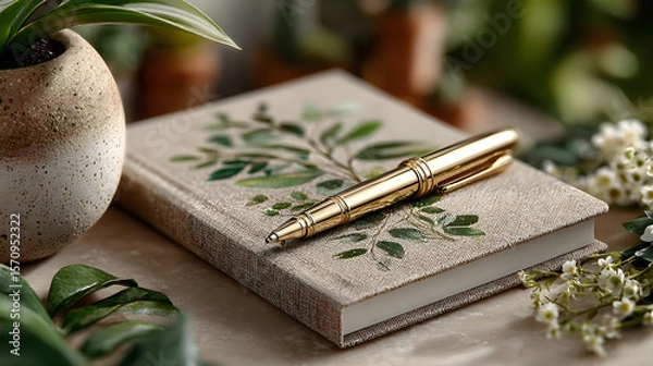 Fototapeta Beige notebook and sleek gold pen beautifully styled with fresh green leaves in an elegant flatlay