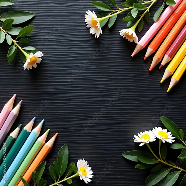 Fototapeta Colorful pencils and daisies arranged on a dark wooden background.