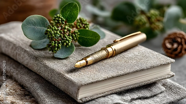 Fototapeta Beige notebook and sleek gold pen beautifully styled with fresh green leaves in an elegant flatlay