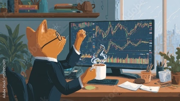 Fototapeta In a chic office setting, a large virtual screen displays live stock market movements with graphics. In front of the desk, a female cat in a suit is focused on the screen with a serious expression.