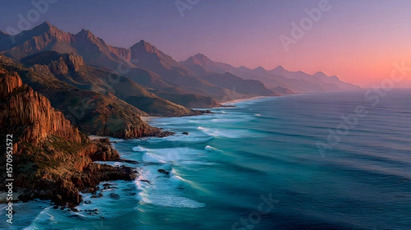 Fototapeta Serene coastal cliffs captured in layers beneath a soothing pastel gradient sky