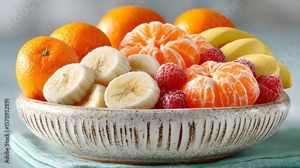 Fototapeta Fresh bananas, oranges, and mandarins artistically arranged in a pristine white ceramic bowl