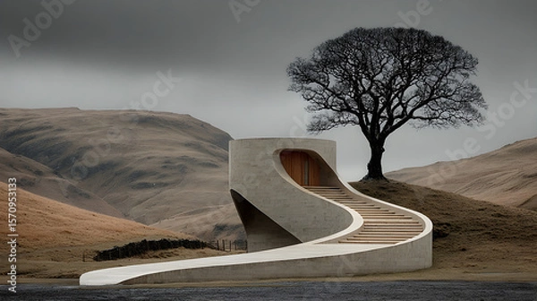 Fototapeta Scenic beige spiral staircase gracefully ascending rolling hills, highlighted by the silhouette of a solitary tree