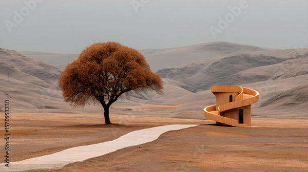 Fototapeta Scenic beige spiral staircase gracefully ascending rolling hills, highlighted by the silhouette of a solitary tree