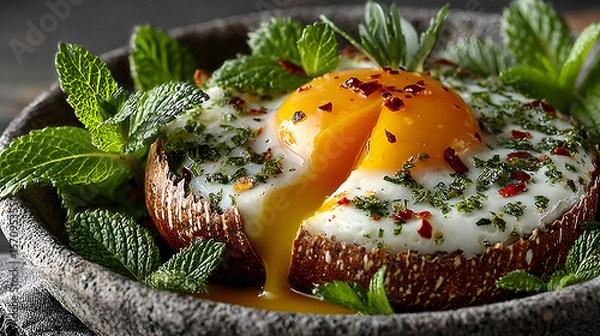 Fototapeta Artistic food photograph capturing a cracked egg with a vibrant yolk and fresh green herbs on rustic surface