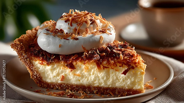 Fototapeta Perfectly presented coconut cream pie slice placed gently on a delicate beige background