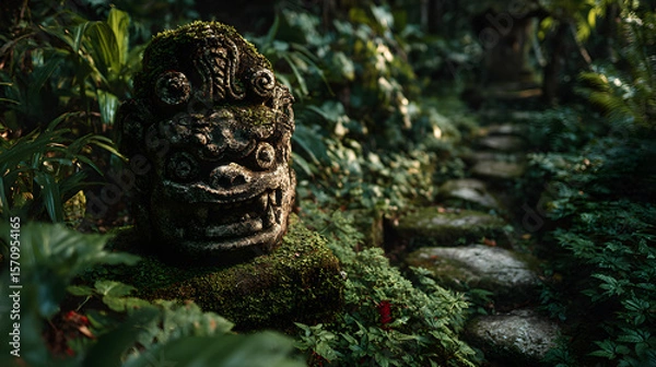 Fototapeta Mysterious stone carving idol positioned amid lush tropical forest foliage and soft natural light