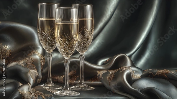 Fototapeta Elegant champagne flutes stacked artistically, softly illuminated on a luxurious dark background