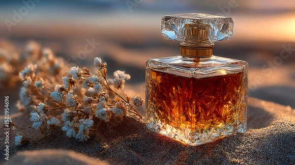 Fototapeta Luxurious amber perfume bottle stylishly displayed atop softly illuminated sand dunes