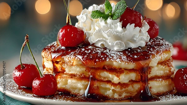 Fototapeta Appetizing stack of fluffy pancakes topped with rich maple syrup, whipped cream, and a bright cherry