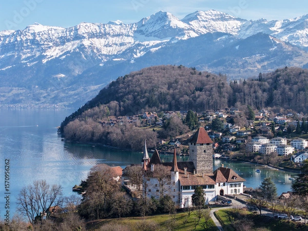 Fototapeta Drone view at the fort of Spiez on lake Thun in Switzerland