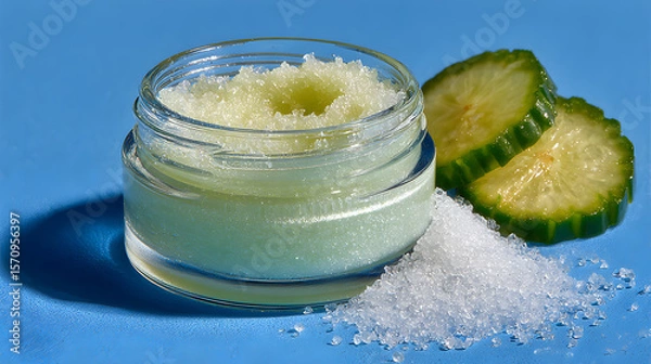 Fototapeta Gentle Exfoliant Texture Smeared Beside Open Jar on Bright Background